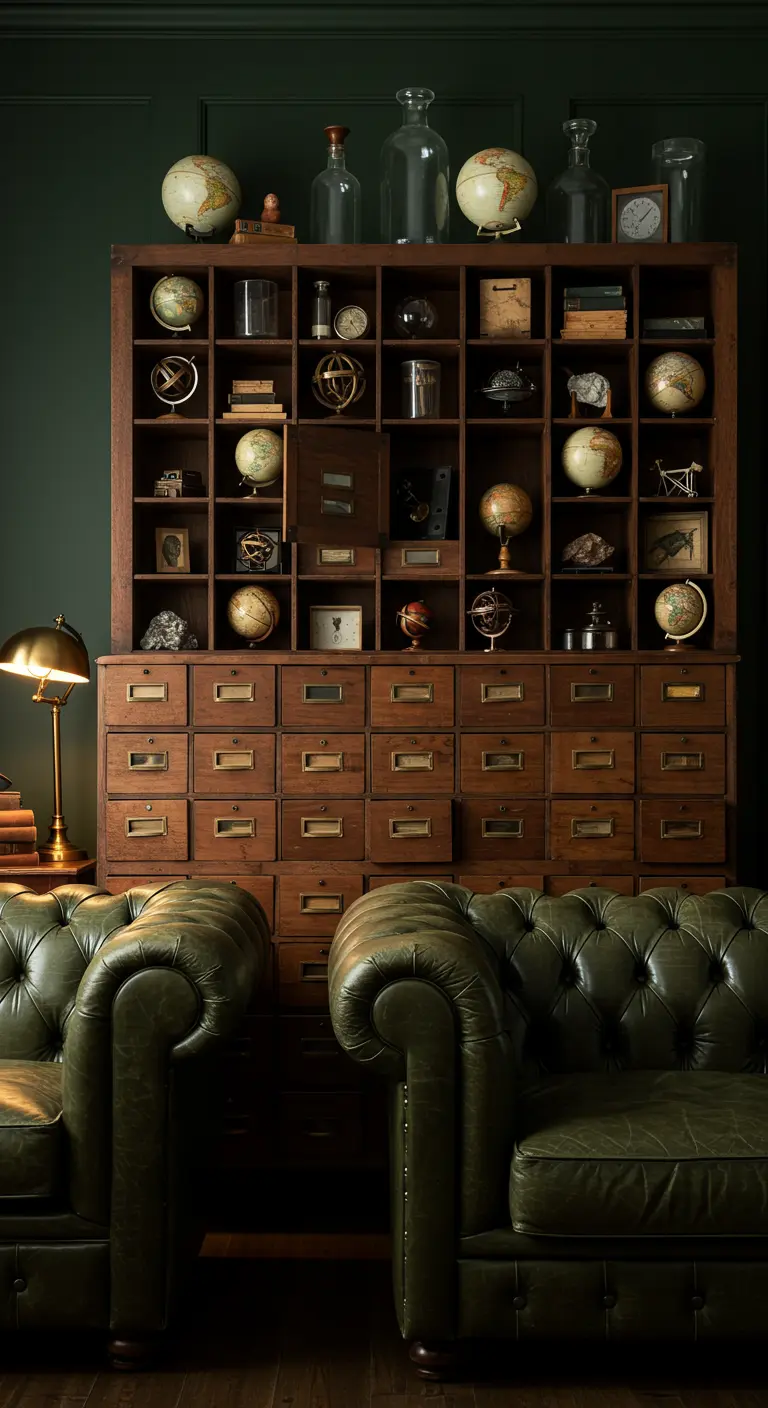 Mueble de boticario antiguo de madera con muchos cajones y compartimentos.