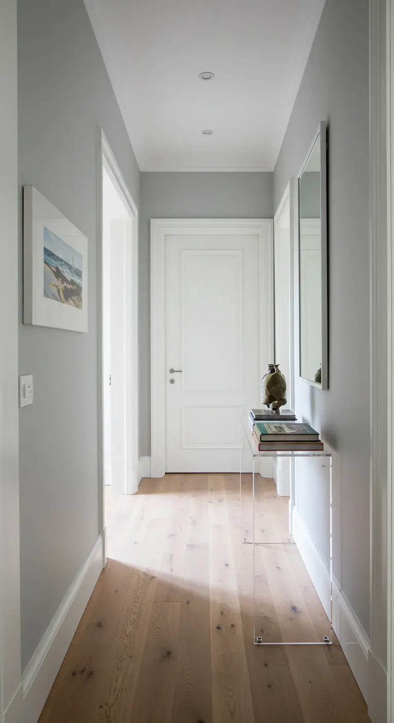 Consola transparente de acrílico en un pasillo minimalista con paredes grises y suelo de madera.