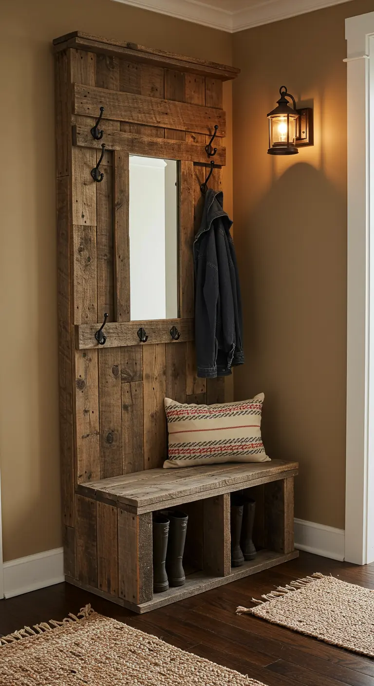 Mueble recibidor rústico tipo 'hall tree' hecho con madera de palet, con banco y espejo.