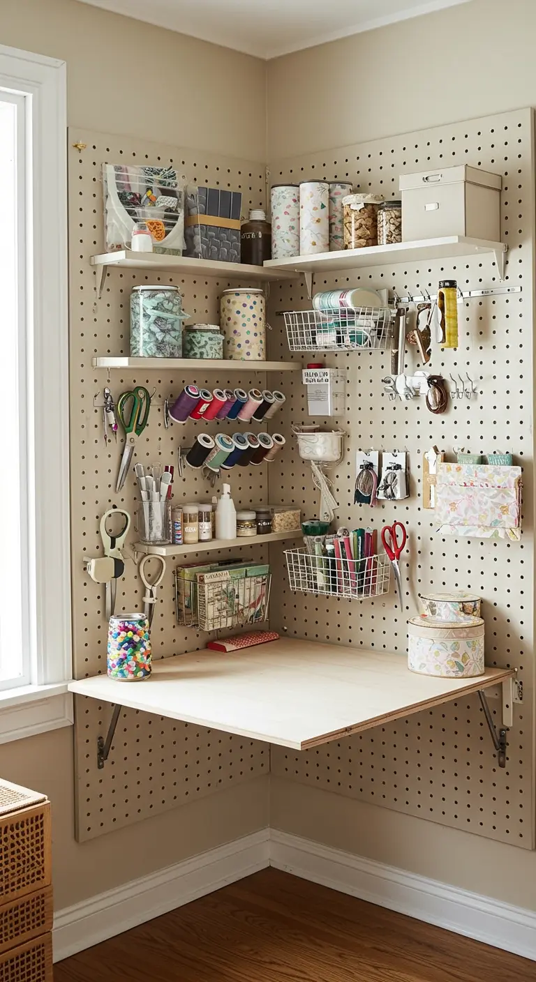 Rincón de manualidades con un panel perforado (pegboard) que cubre dos paredes y un escritorio.