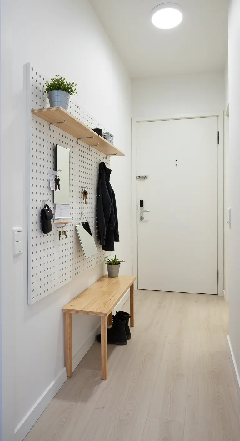 Panel perforado blanco en la pared de un recibidor con baldas, ganchos y un banco de madera.