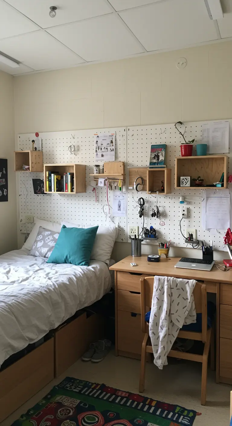 Cabecero hecho con un gran tablero perforado blanco con cajas de madera y accesorios