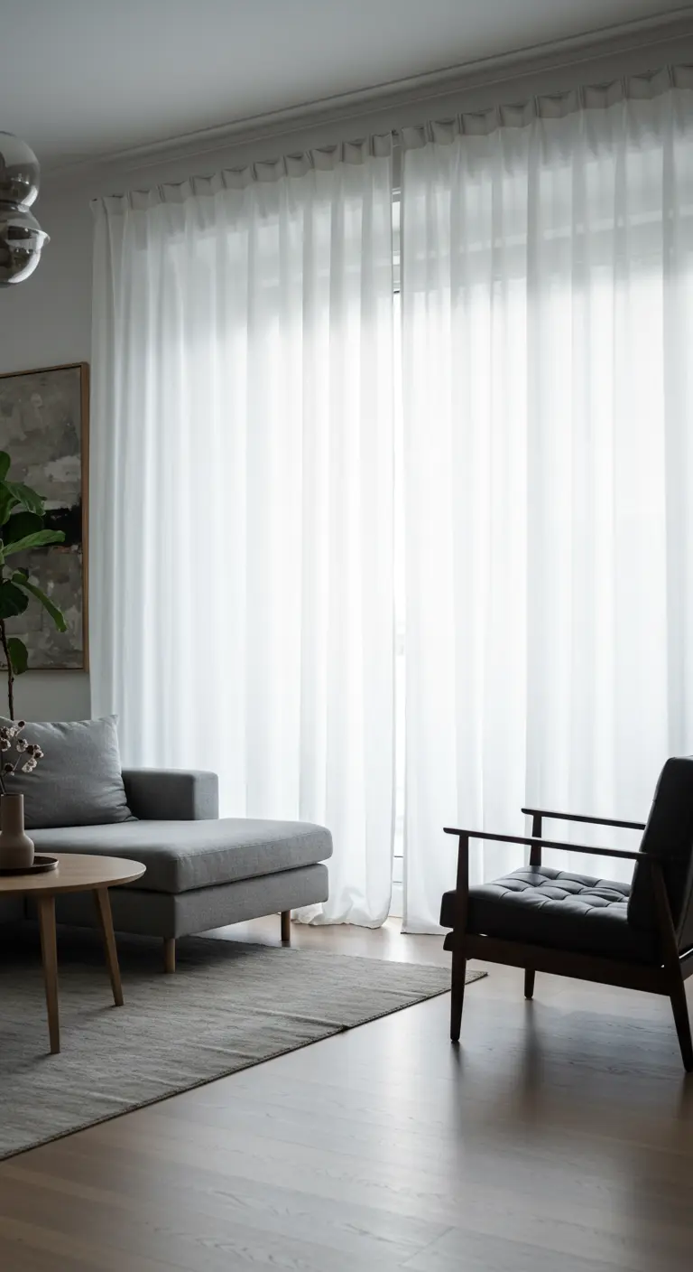 Sala de estar minimalista con cortinas blancas transparentes que cubren toda una pared.