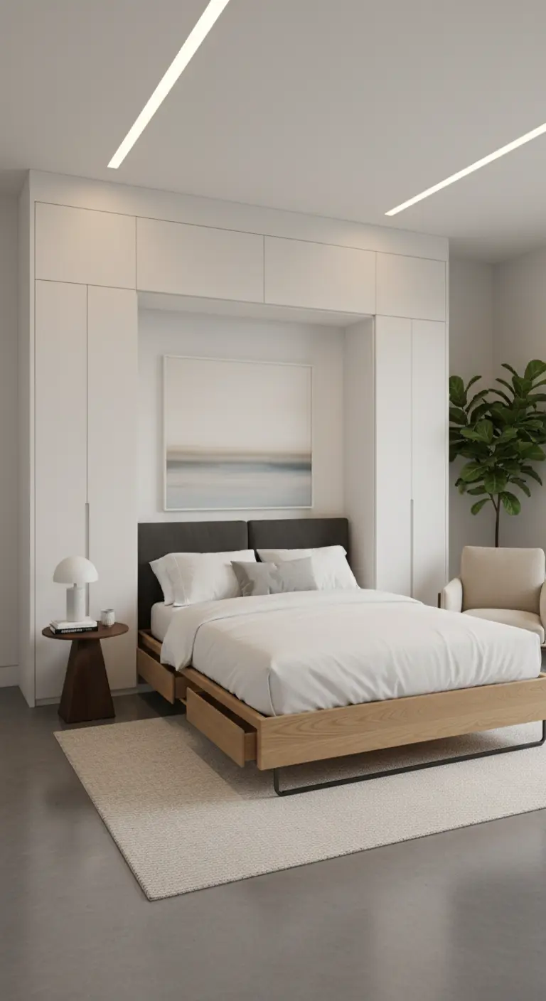 Cama con cajones integrada en un nicho rodeado de armarios blancos del suelo al techo.