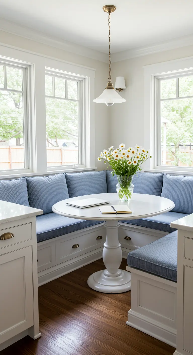 Rincón de desayuno esquinero con banco azul en forma de L y mesa redonda blanca