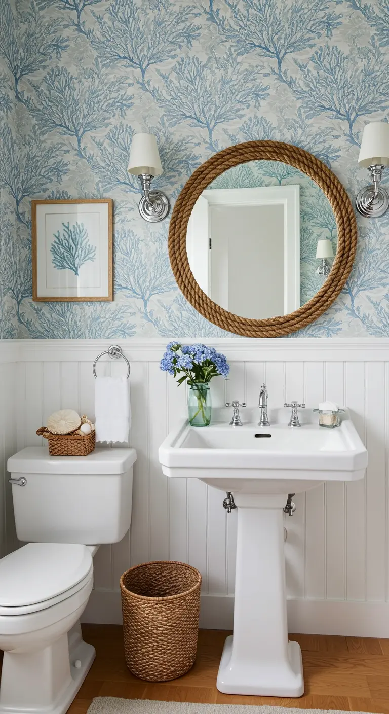 Baño con paredes de paneles blancos y papel pintado de corales, con un espejo redondo con marco de cuerda
