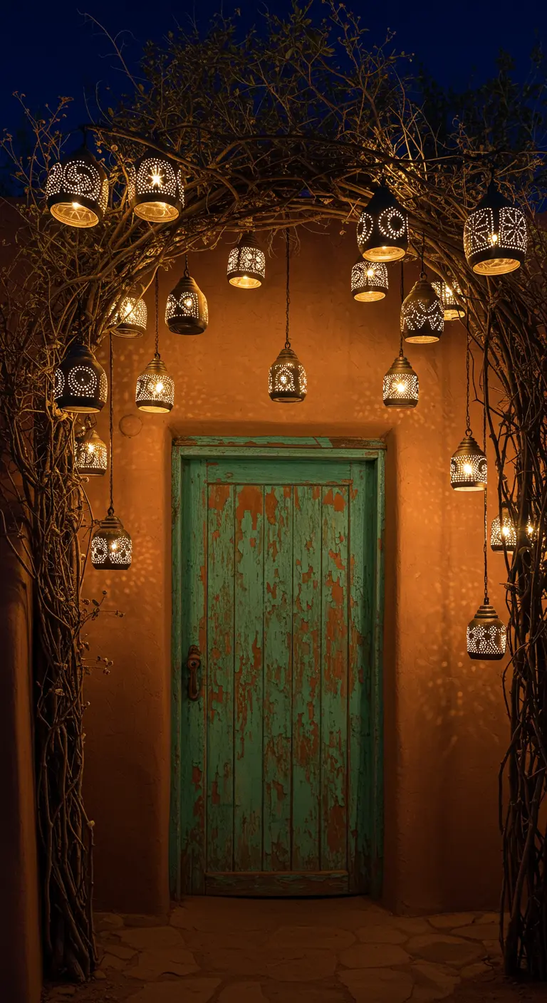 Entrada de estilo marroquí con arco de ramas del que cuelgan farolillos metálicos sobre una puerta turquesa.