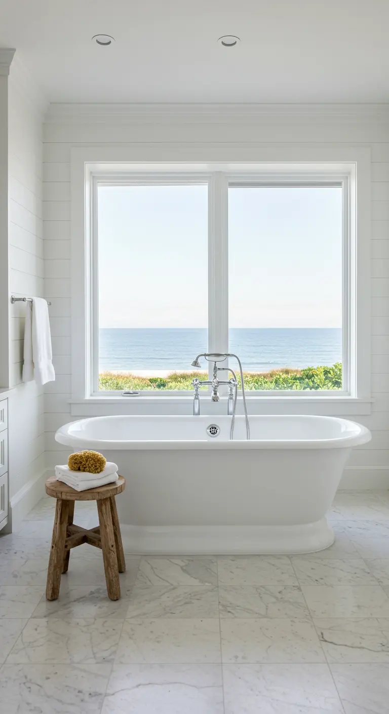 Bañera blanca exenta frente a una gran ventana con vistas al mar en un baño estilo Hamptons
