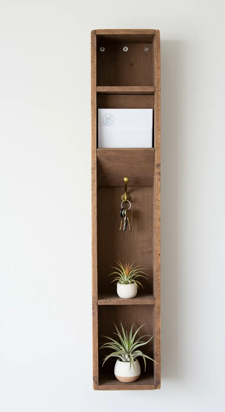 Caja de vino delgada y vertical convertida en organizador de entrada con baldas y ganchos.