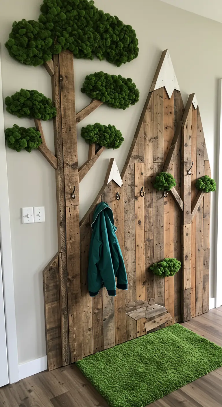 Perchero de palet con forma de montañas y árboles, decorado con musgo.