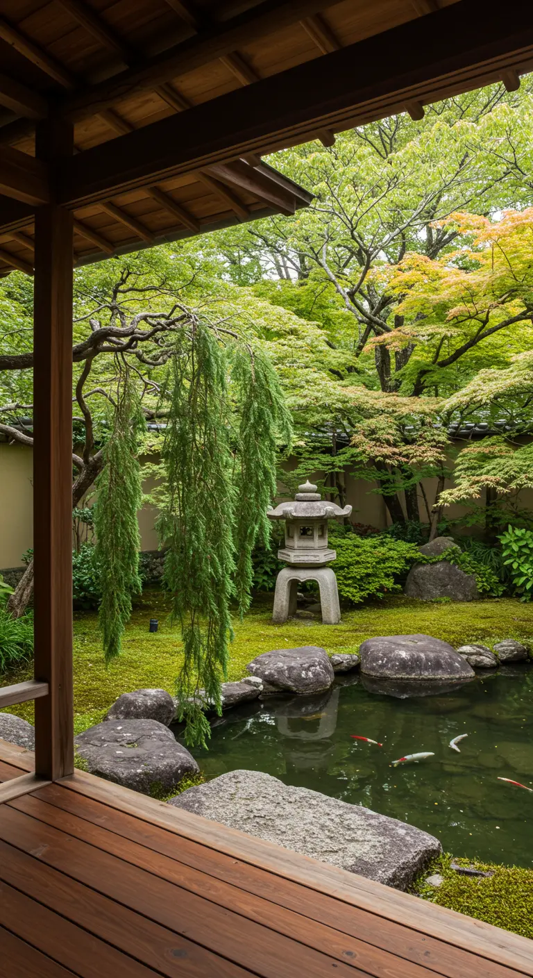Vista desde un porche de madera a un jardín japonés con estanque de peces koi y linterna de piedra.