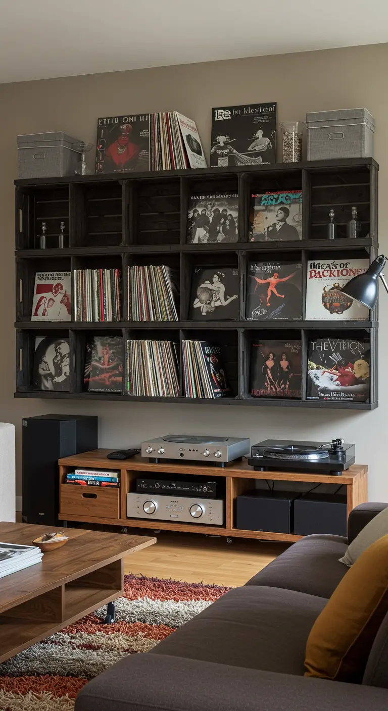 Gran estantería de cajas de madera negras llena de discos de vinilo en una sala de estar.
