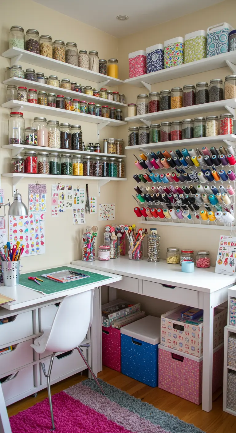 Habitación de manualidades con paredes cubiertas de estanterías llenas de botes y materiales.