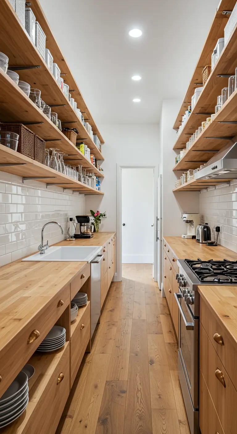 Cocina de galera con largas estanterías de madera a ambos lados repletas de vajilla organizada