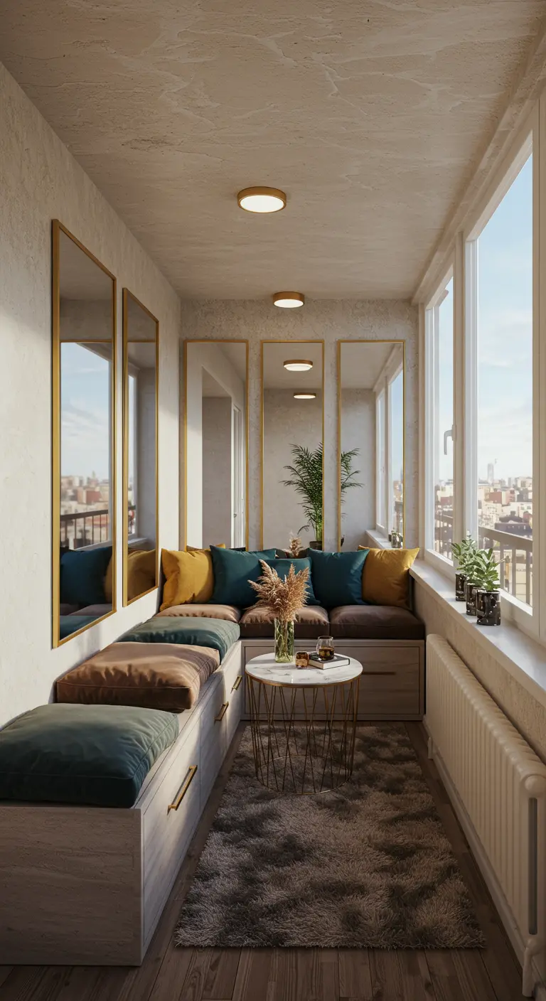 Balcón estrecho con un banco y una fila de espejos altos y dorados en la pared.