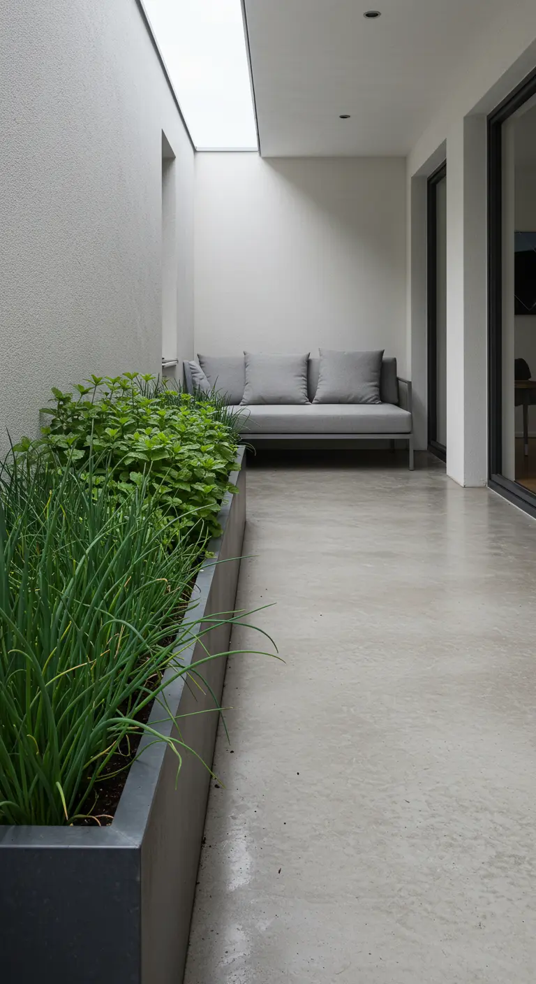 Pasillo exterior minimalista con una jardinera rectangular larga llena de menta y cebollino.