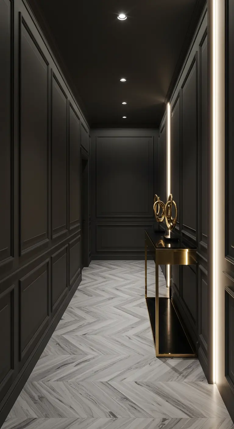 Pasillo oscuro con paredes molduradas, suelo de espiga y tiras de luz LED verticales.