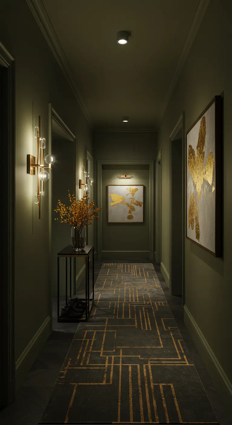 Pasillo largo verde olivo iluminado con apliques dorados y arte abstracto.