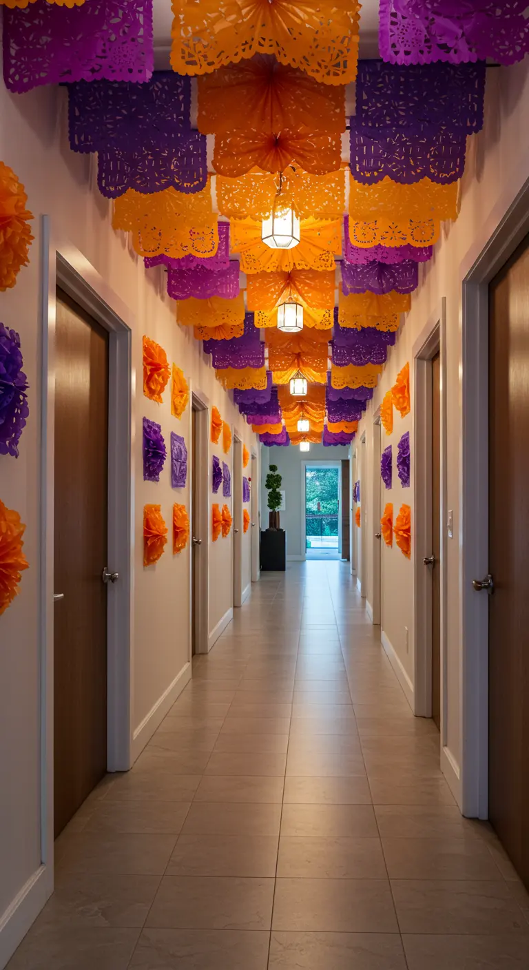 Pasillo largo con el techo cubierto de papel picado morado y naranja y rosetones en las paredes.