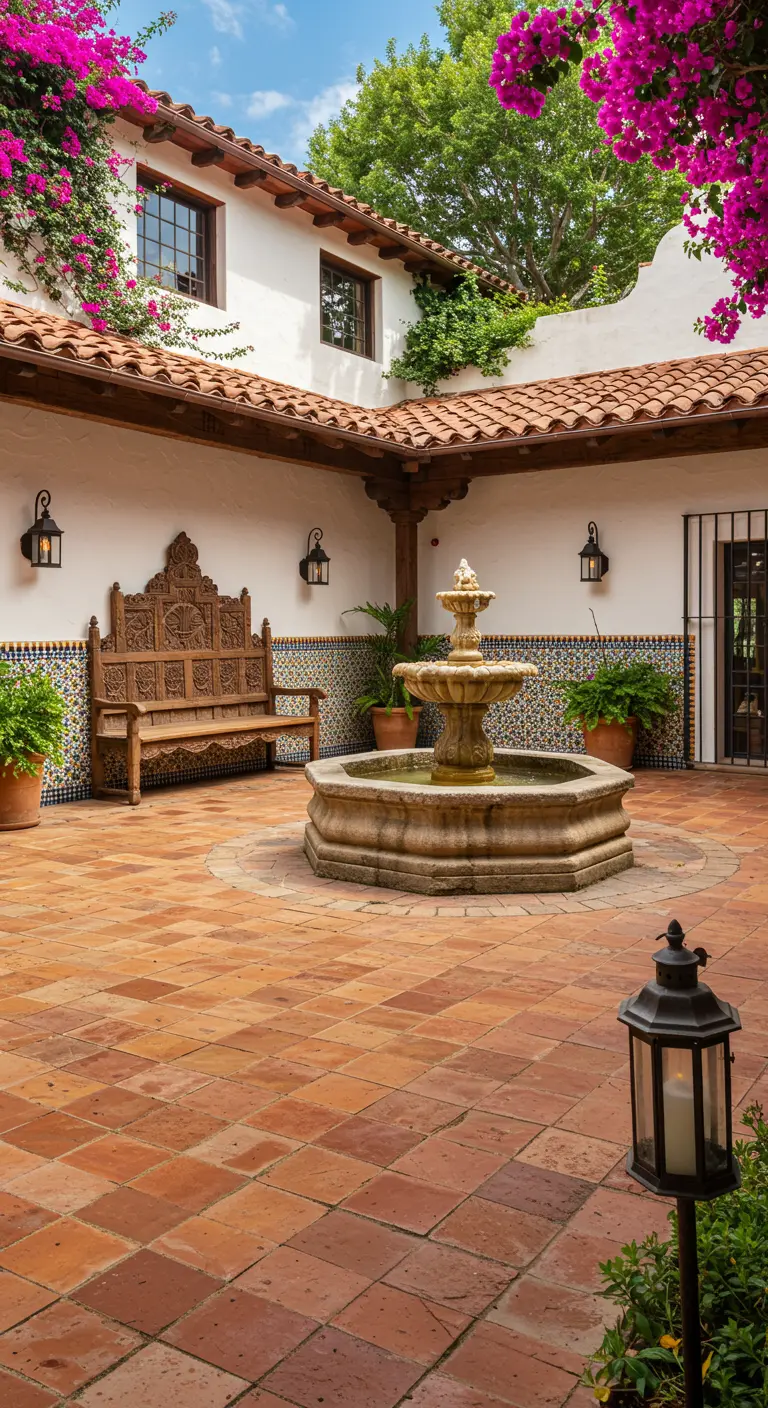 Patio de estilo español con fuente central, suelo de terracota, pared de azulejos y un banco de madera tallada.