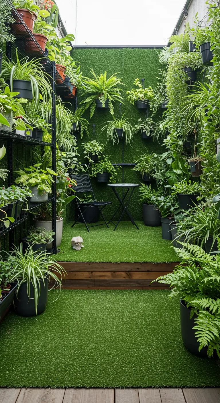 Balcón estrecho y alargado lleno de plantas en estanterías y paredes, con césped artificial en el suelo