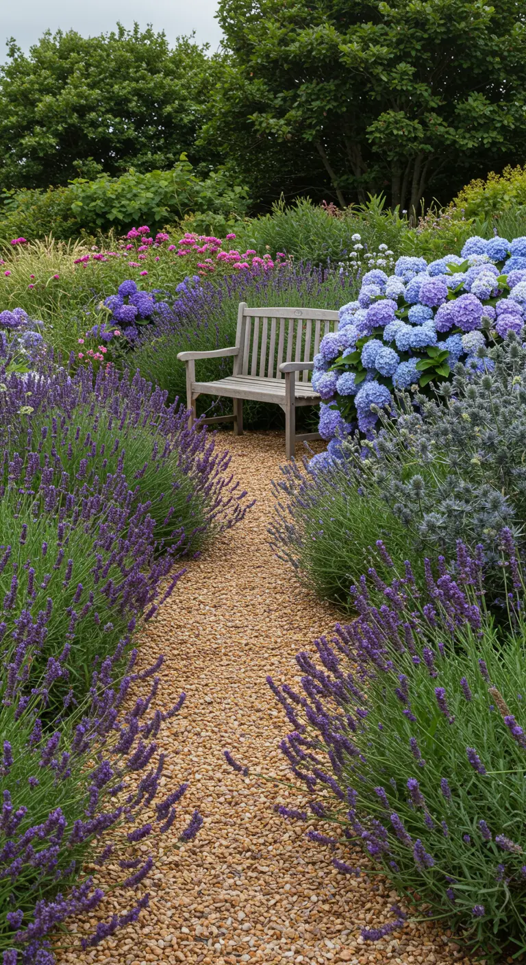 Sendero de grava flanqueado por densos arbustos de lavanda y hortensias azules.
