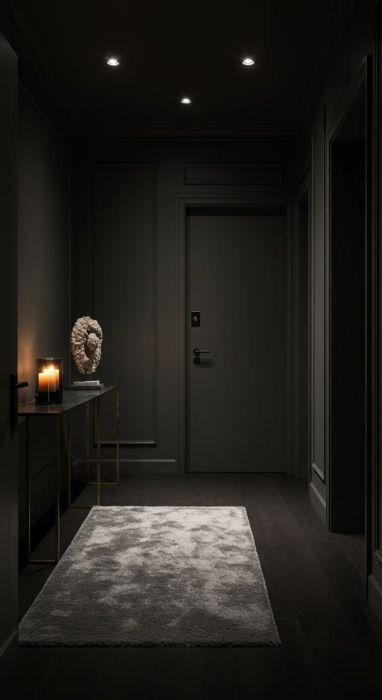 Entrada oscura y dramática con paredes negras, alfombra gris mullida y velas en una consola.