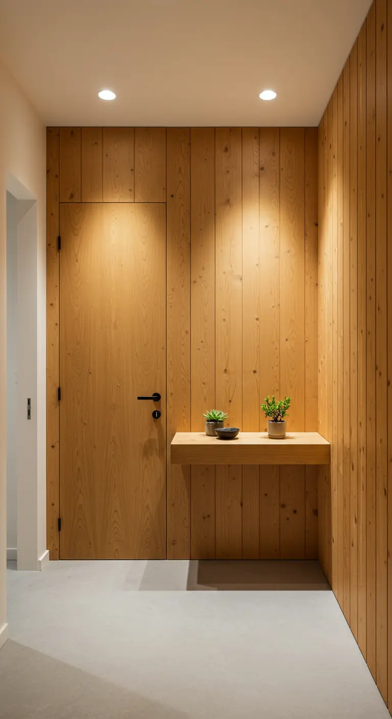 Pasillo de entrada minimalista con paredes de madera clara y una balda flotante integrada