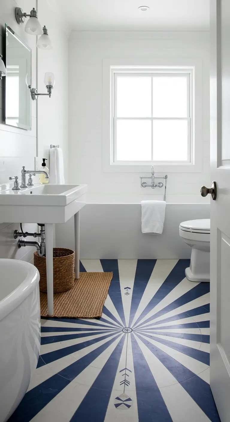 Baño blanco con un llamativo suelo de baldosas hidráulicas en azul y blanco con diseño de sol