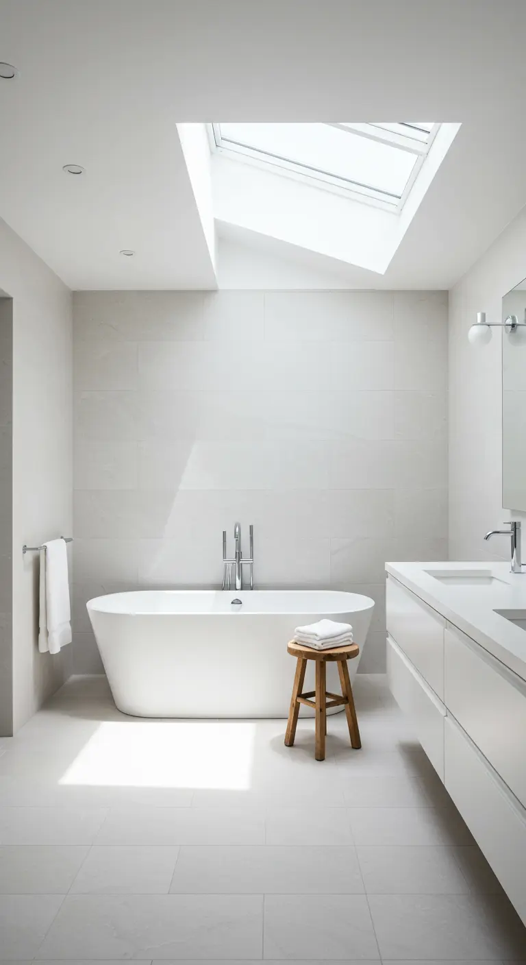 Baño blanco minimalista con bañera exenta, tragaluz y un taburete de madera rústico.