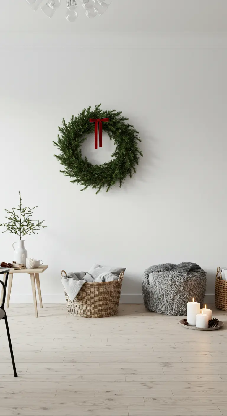 Corona de pino minimalista con una fina cinta roja colgada en una pared blanca.