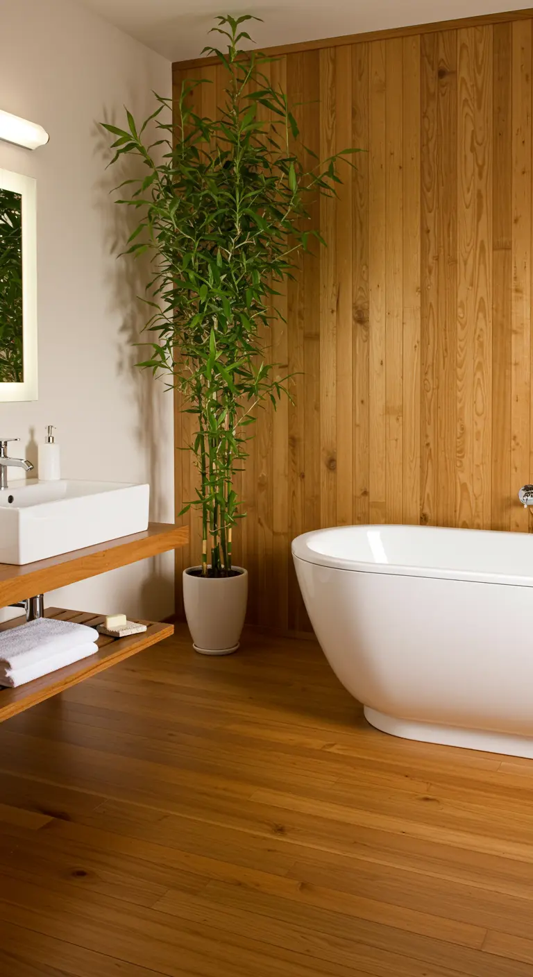Baño con paredes y suelo de madera, una bañera blanca y una gran planta de bambú en una maceta