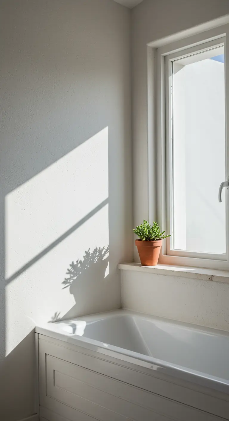 Bañera blanca junto a una ventana donde reposa una pequeña maceta de terracota con una planta.