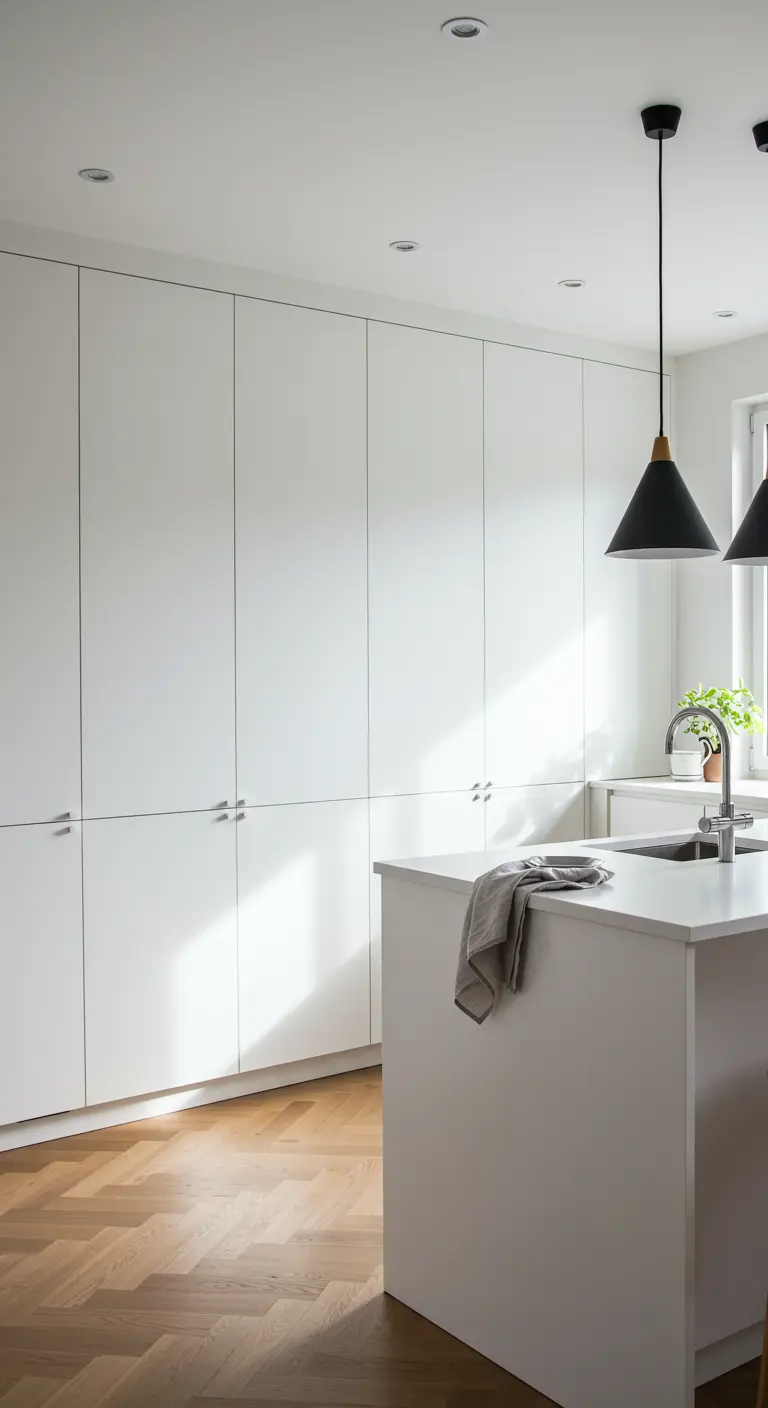 Cocina con armarios blancos de suelo a techo y suelo de madera en espiga.