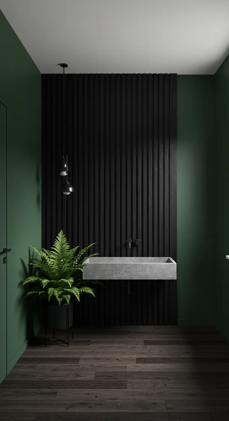Baño moderno con pared de listones negros, paredes verdes y lavabo de hormigón.