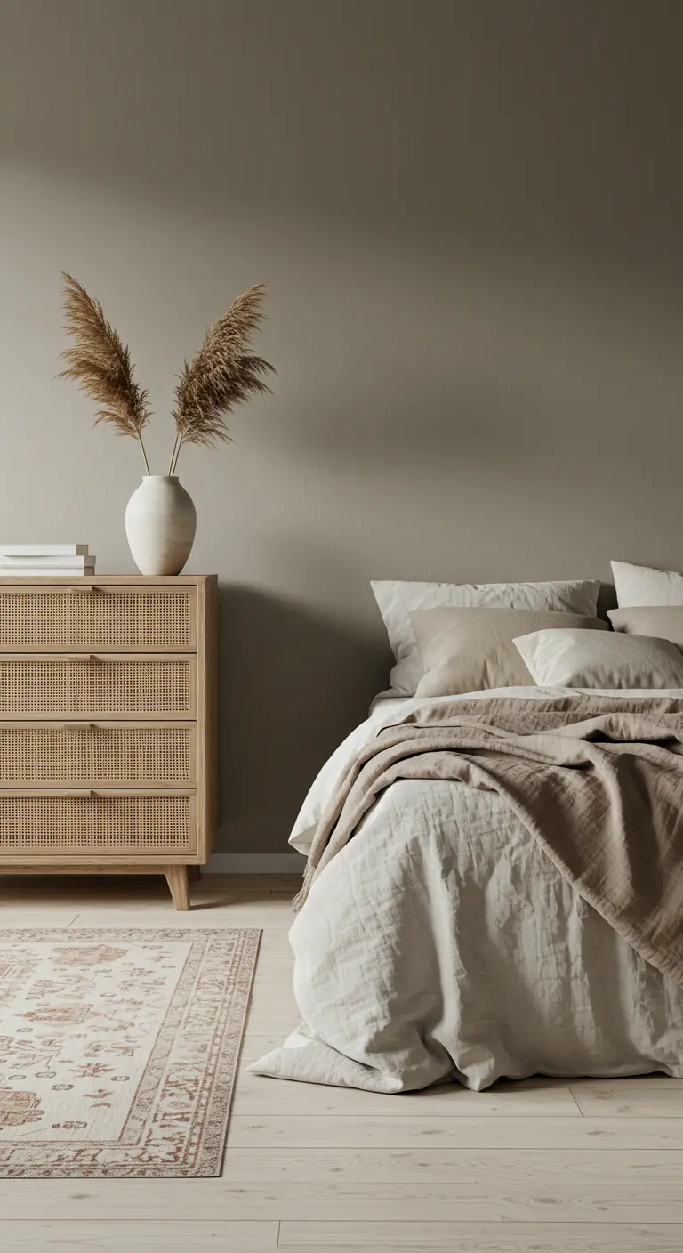 Dormitorio en tonos greige con cómoda de ratán, ropa de cama de lino y jarrón con pampas