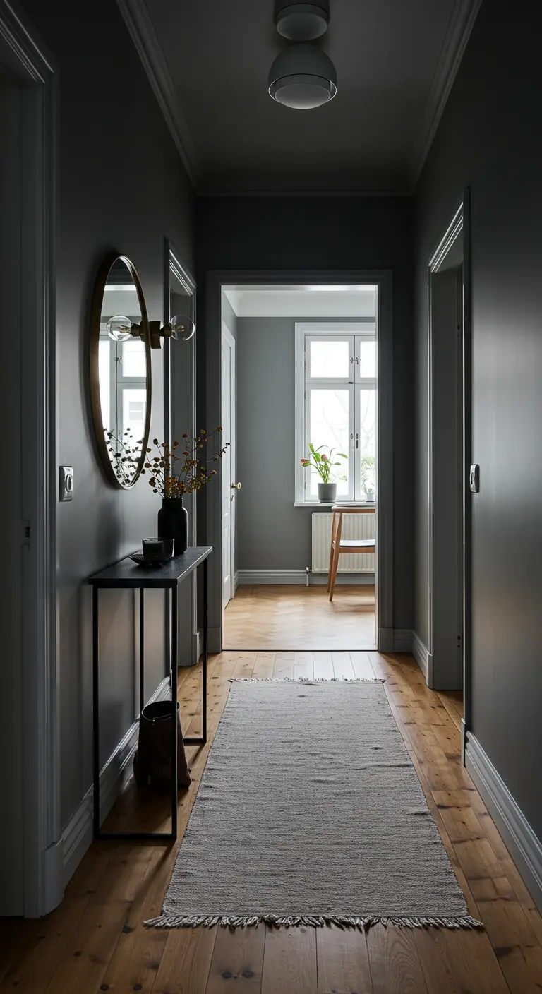 Pasillo estrecho pintado de color gris oscuro, con una consola negra y un espejo redondo dorado.