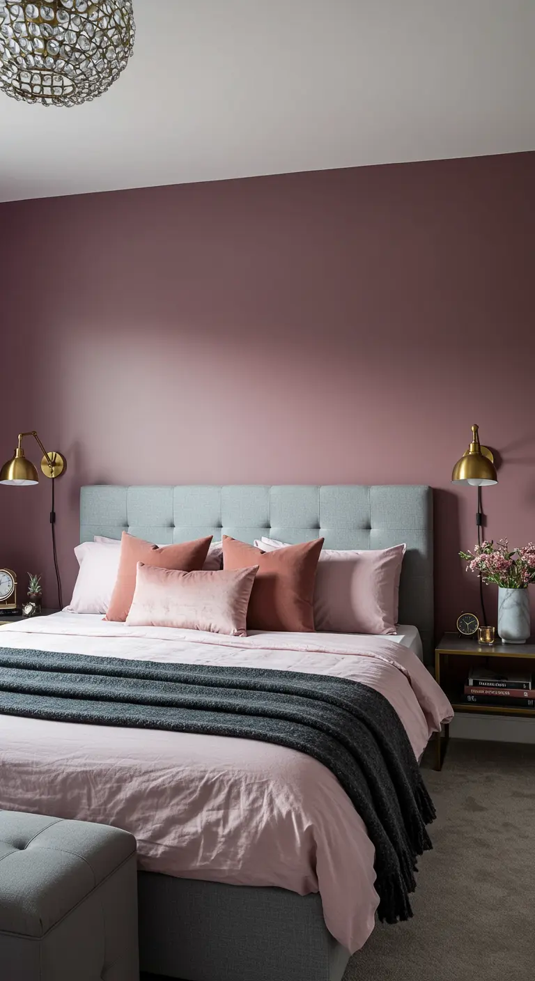 Dormitorio sofisticado con pared malva, cabecero gris y detalles en negro y dorado.