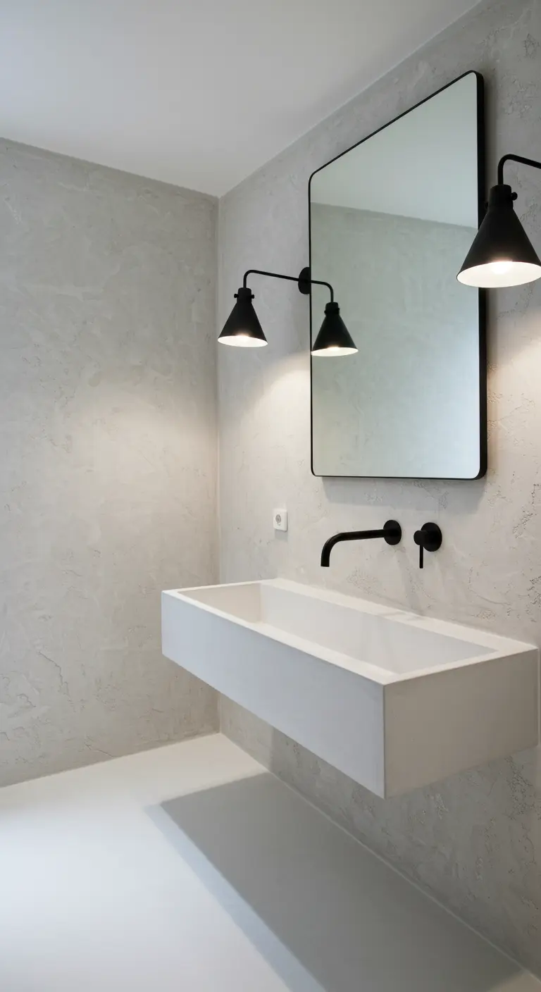 Baño con paredes texturizadas en gris claro, lavabo flotante y grifería y apliques en negro mate.