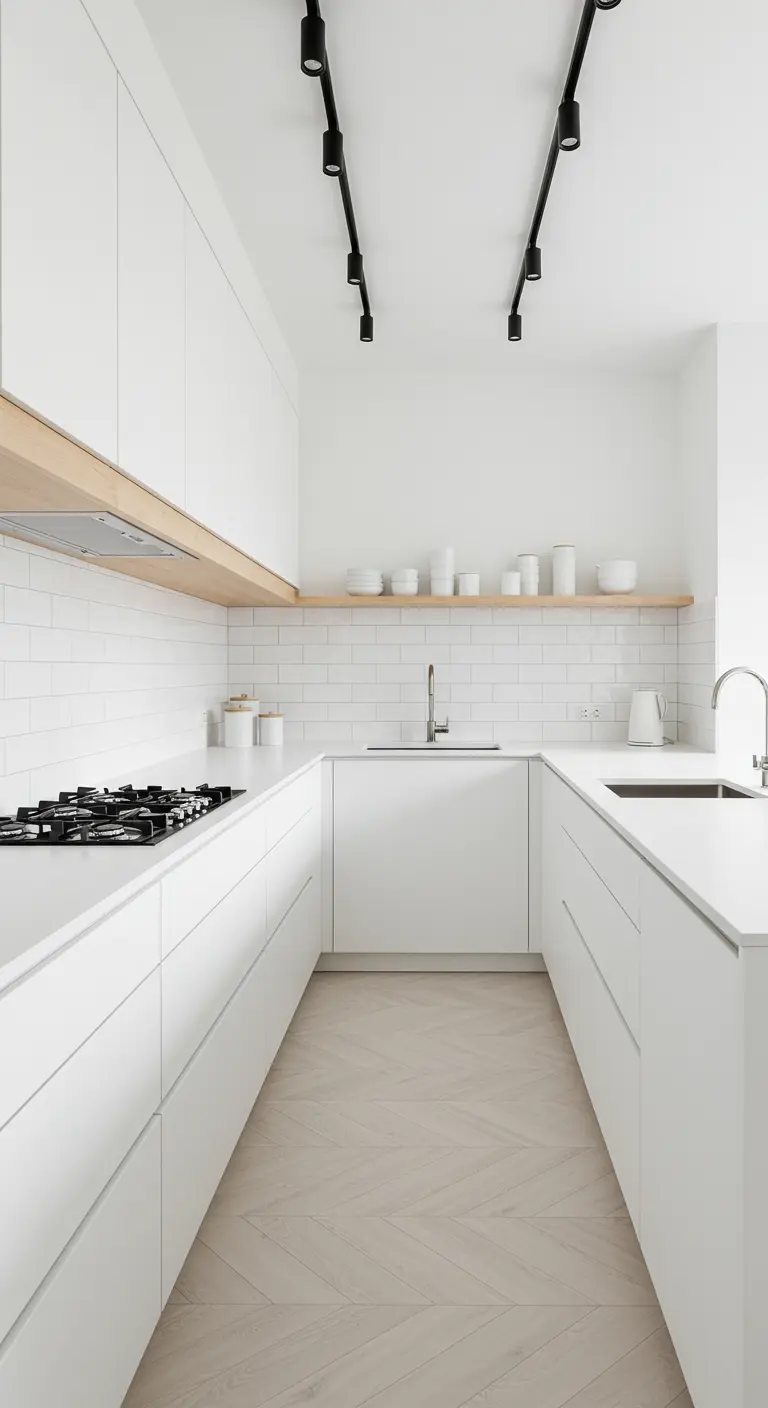 Cocina minimalista blanca con azulejos tipo metro y focos negros en riel.