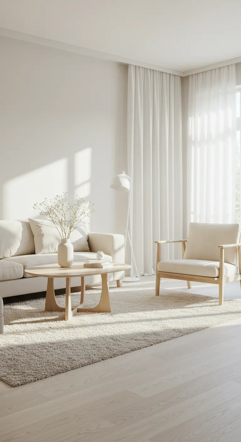 Sala de estar minimalista en blanco y madera clara con sofá y sillón de diseño escandinavo.
