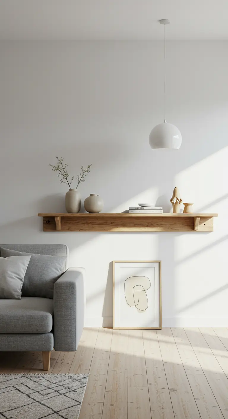 Estante flotante de madera minimalista con decoración escandinava sobre un sofá gris.