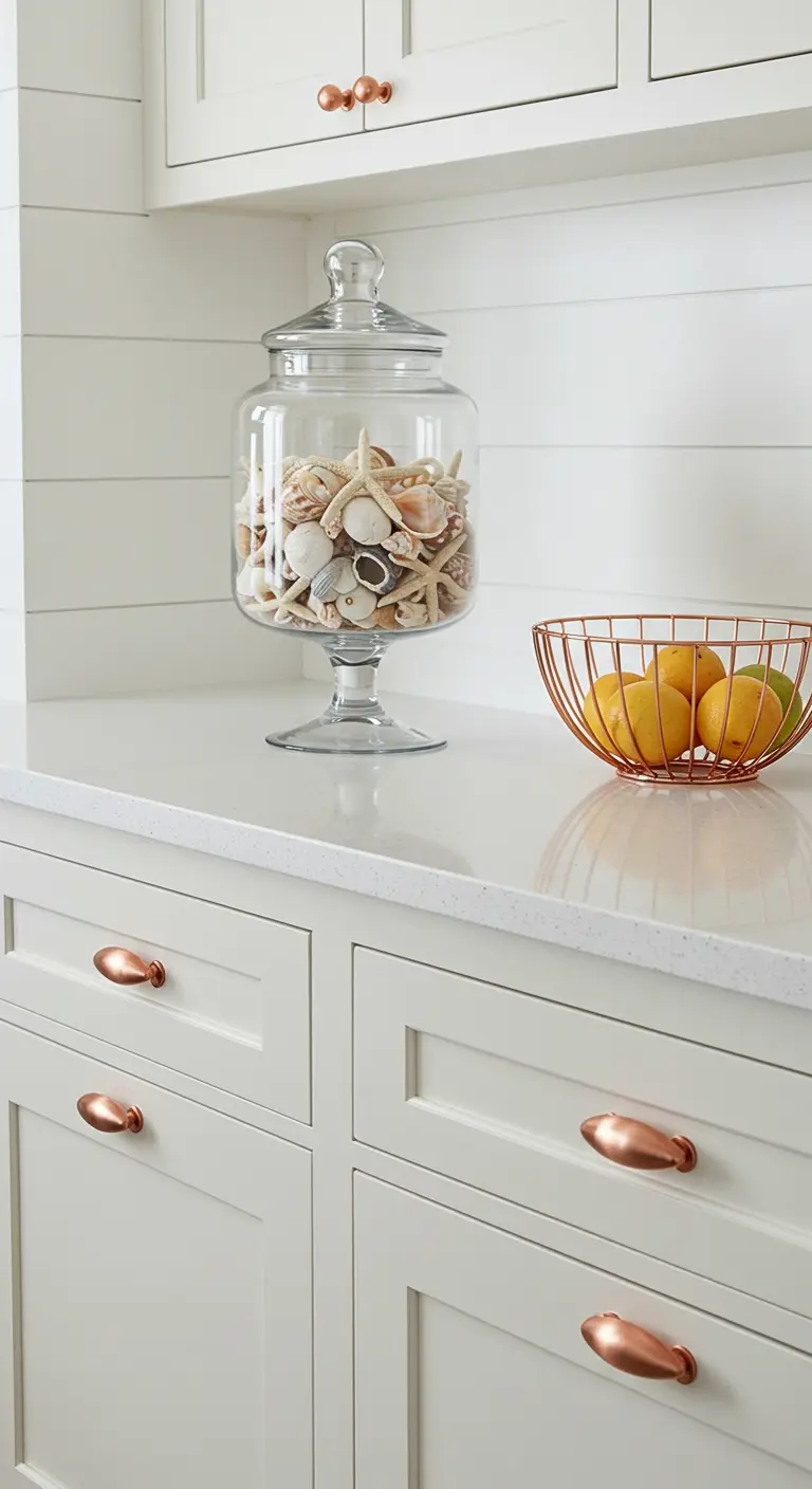 Armarios de cocina blancos con tiradores de cobre rosado y un cesto de fruta de cobre