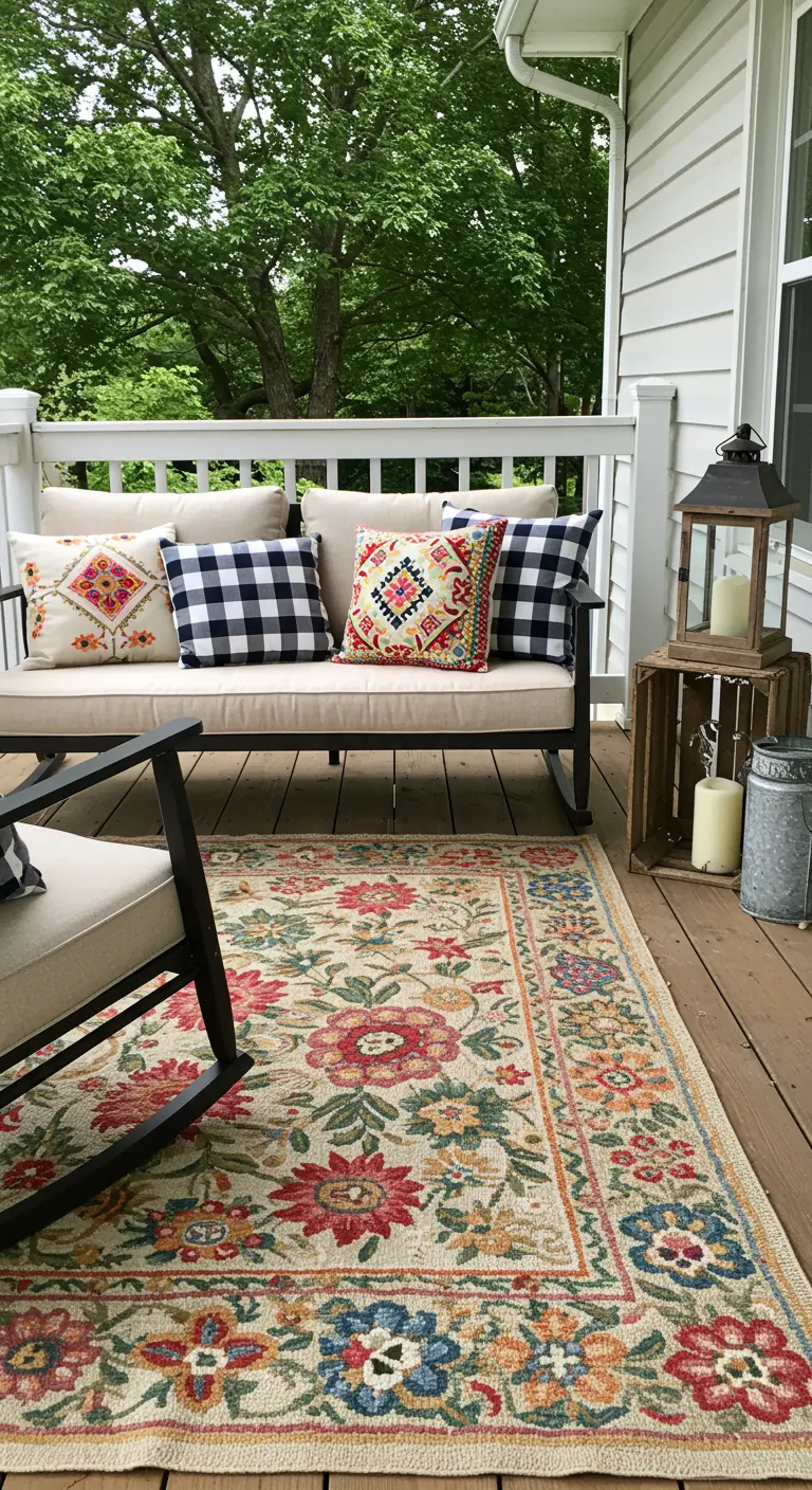 Porche de madera con mecedoras, una mezcla de cojines de cuadros y flores, y una alfombra floral