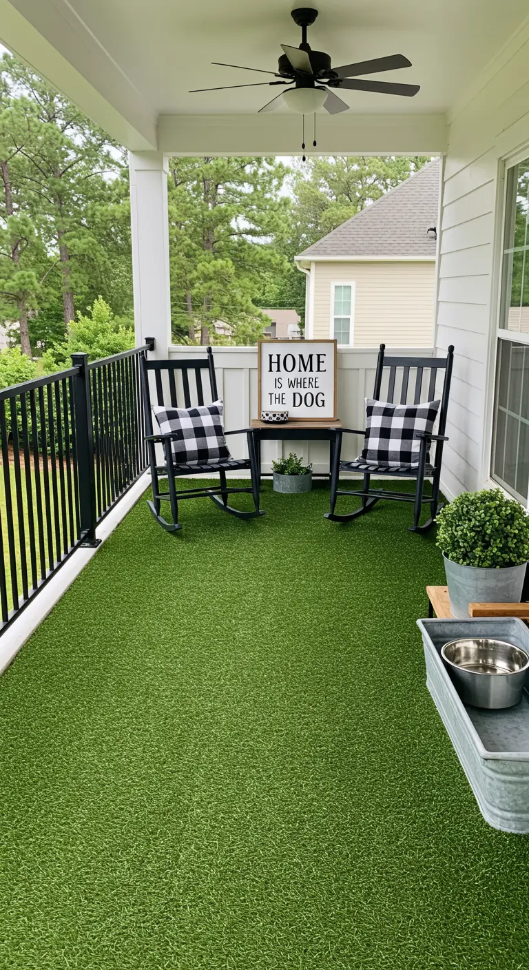Porche cubierto con césped artificial, dos mecedoras negras y un cartel que dice 'Home is where the dog is'