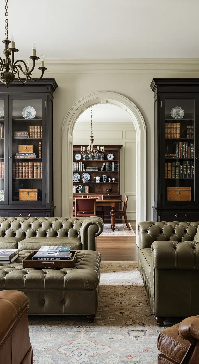 Dos librerías altas y oscuras con puertas de cristal flanqueando una entrada arqueada.