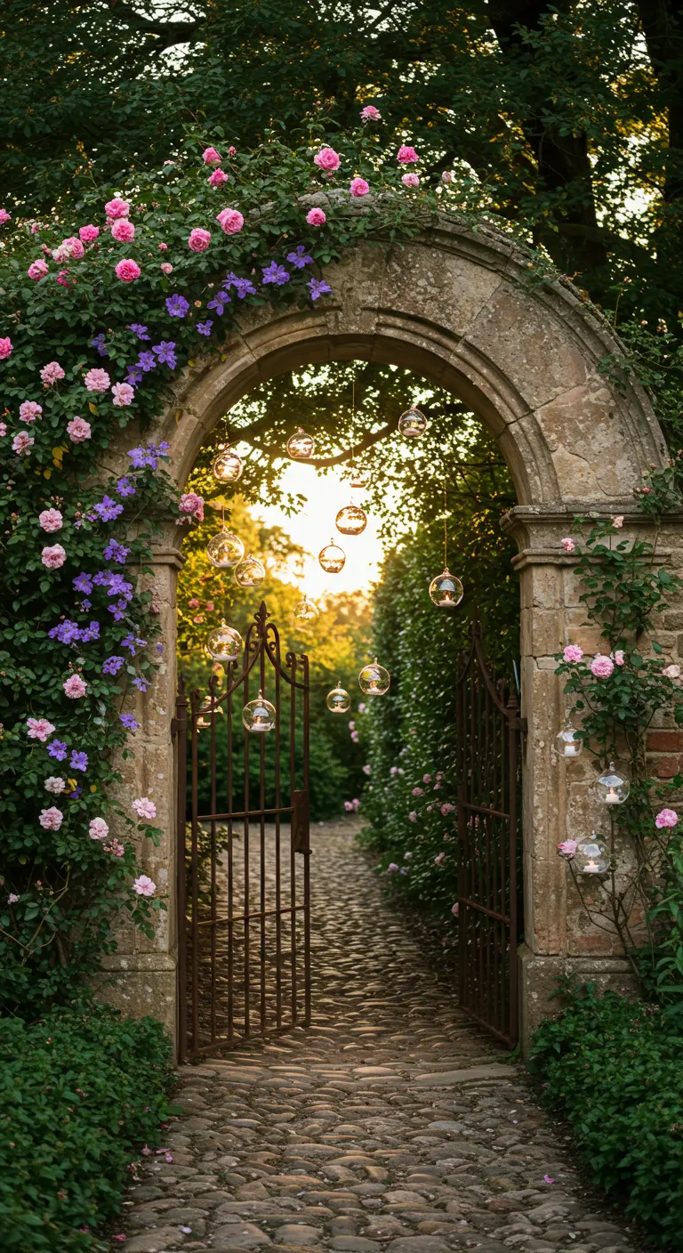 Arco de piedra con enredaderas y portavelas de cristal colgantes al atardecer.