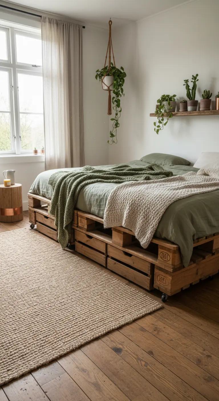 Cama de estilo rústico hecha con palets de madera y cajas de fruta como cajones con ruedas.