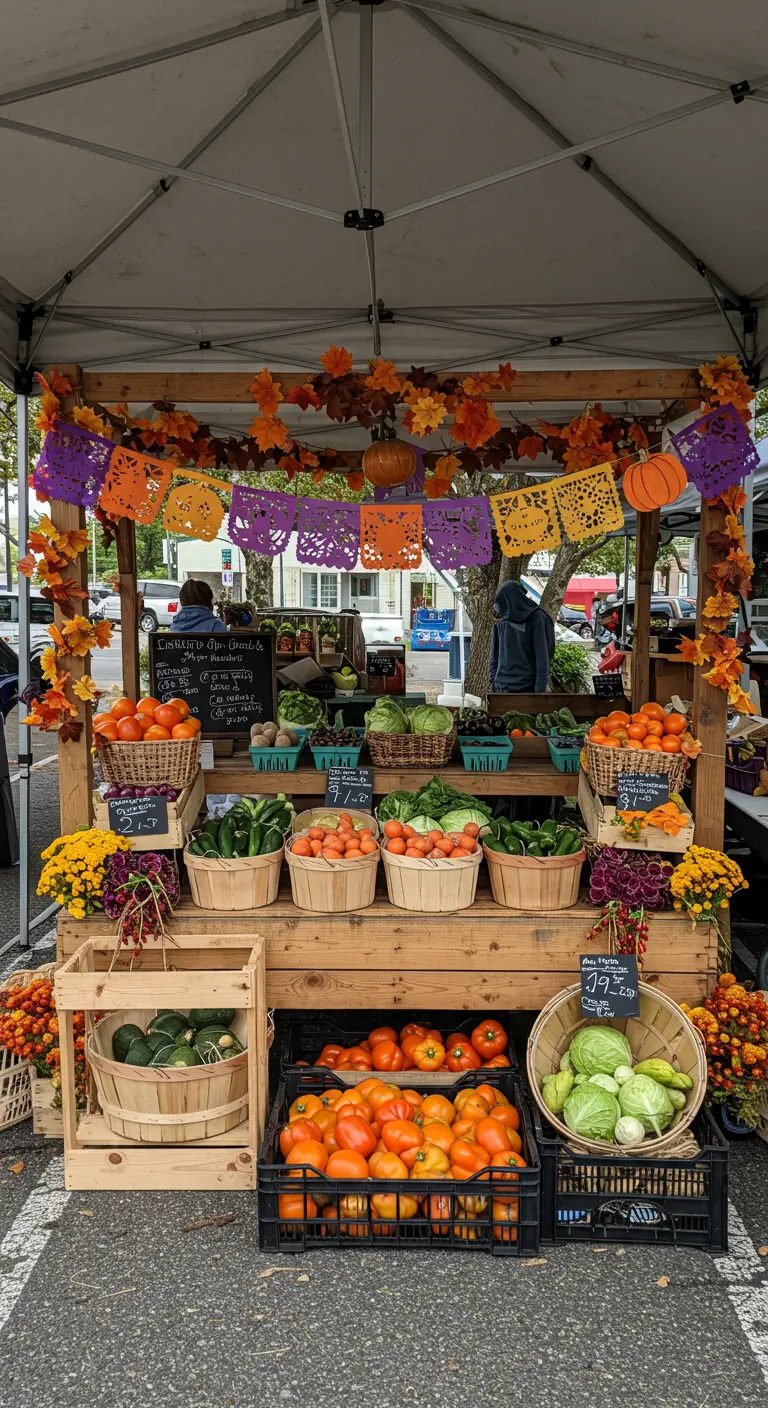 Puesto de mercado de agricultores decorado con papel picado y guirnaldas de hojas de otoño.