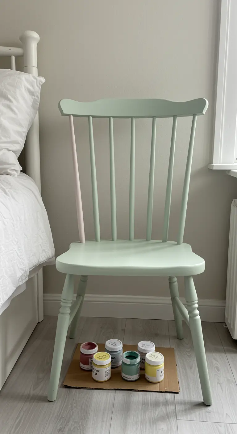 Silla de madera pintada en verde menta con un único barrote del respaldo en rosa pálido.